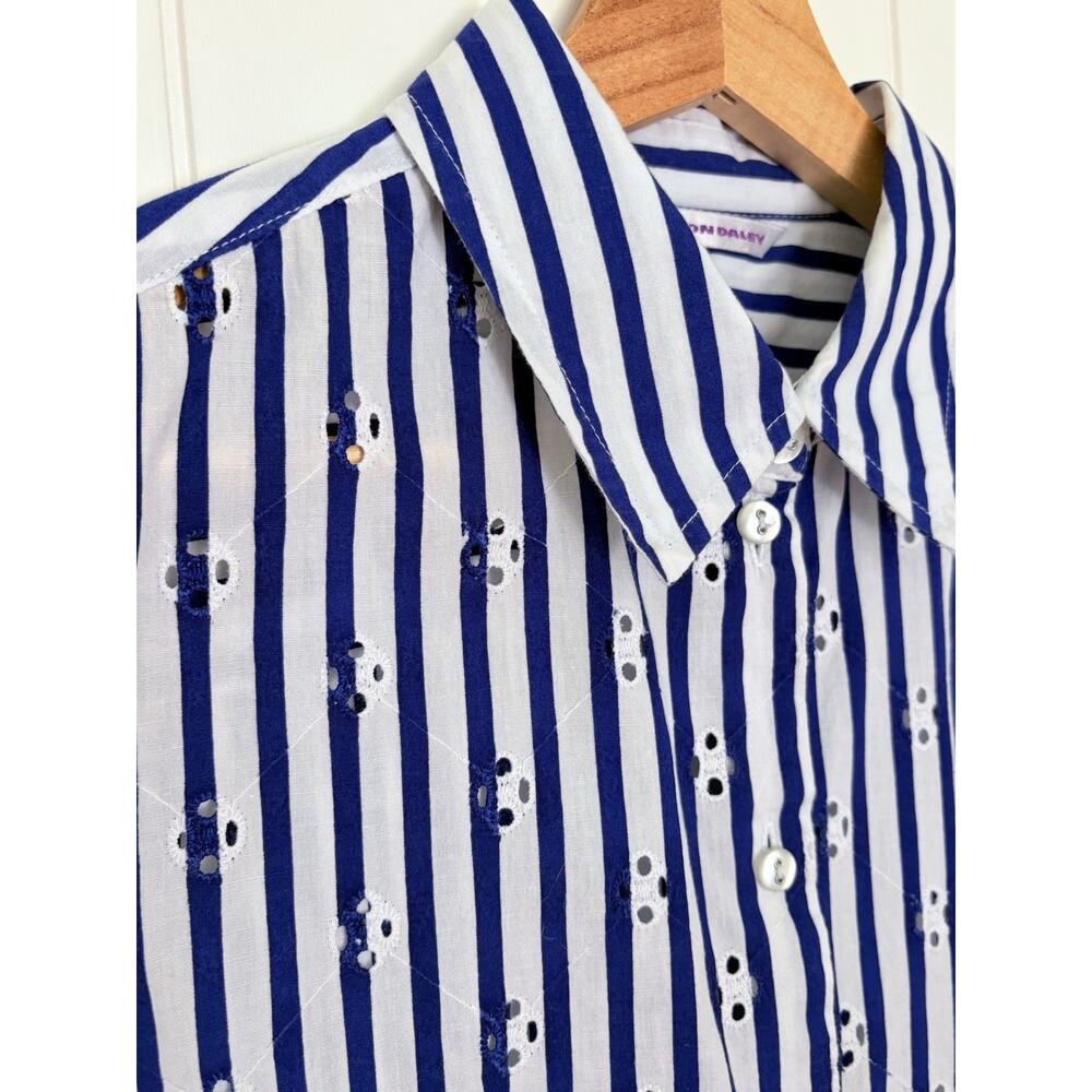 Allison Daley Striped Floral Eyelet Cotton Button Front Shirt Blue White Career - Picture 3 of 9